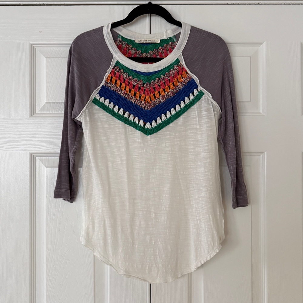 Free People We The Free crochet yoke 3/4 sleeve baseball t-shirt, size XS